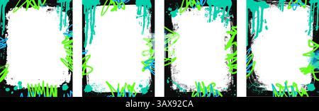 Grunge-Hintergrundrahmen eingestellt. Randvorlagen mit Graffiti-Airbrush-Linien, Konturen und Spritzern. Dekorationsdesign mit Acid-Farbrahmen. Retro-Textur po Stock Vektor