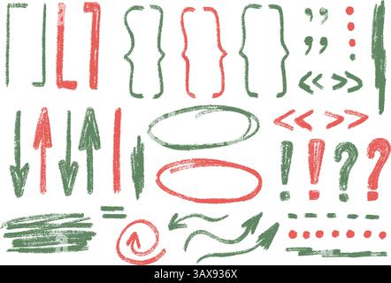 Klammern Markierungen, Pfeilkritzelsatz. Buntstift Unterstriche, Anführungszeichen, Ellipse und Zeichen. Hervorhebungen von Notizen mit Schreibstift. Vektor Hand gezeichnet i Stock Vektor