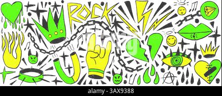Rock and Roll Girly Neonmarker gezeichnet Set. Punk Coquette Breaking Heart Doodle Hintergrund. Kritzeln Sie Grunge Poster Elemente. Herz, Hörner und Sketch AR Stock Vektor