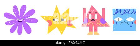 Emoticons mit geometrischem Doodle-Gesicht - verdächtiger Stern, schockierte Blume, trauriges Dreieck und verängstigte quadratische Figur. Handgezeichneter flacher Vektor-Illustrationssatz. Dekorative Elemente für Kinder im Zeichentrickdesign. Stock Vektor