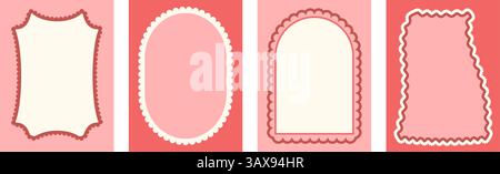 Geometrische Retro-Muschelrahmen. Gewellter grooviger Bogen, rechteckige und ovale Ränder isoliert auf weißem Hintergrund. Poster mit mehrfarbigem wackeligen Dekor Stock Vektor