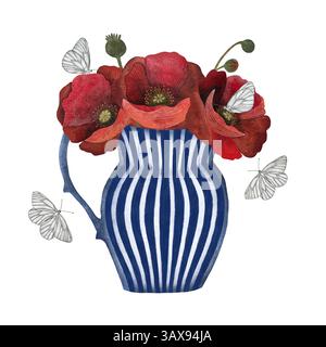 Rote Mohnblume in blau-weißer Keramikvase mit Streifen, umgeben von Schmetterlingen, isoliertes Mohnillustrationselement, Rot Stockfoto