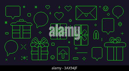 Geschenkboxen und Sprechblasen mit grüner Linie im Pixelstil. 8-Bit-Geburtstagsgeschenke. Geschenkbox im Retro-Stil der 90er Jahre. Preis mit Bogenvektor-Illustration Stock Vektor
