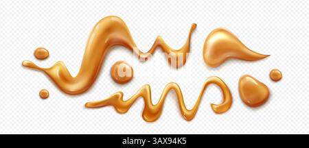 Karamellsauce Dribbles und Sirupspritzer auf transparentem Hintergrund. Flüssiges braunes Toffee Fließspuren, leckere Bonbons Blobs. Fließende goldene Ahornglasur-Tropfen, süße Honig-Elemente Stock Vektor