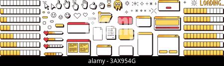 Pixel art windows interface vintage. 8 bit browser and menu elements with cursors and loading bar. Pixel screens 90s style. Ui message frames figures. Stock Vektor