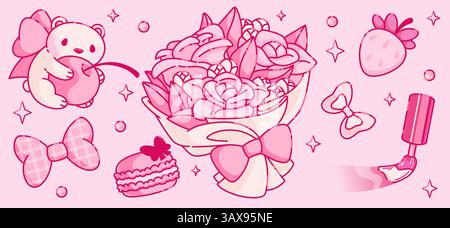 Y2K Coquette ästhetische Dessert Illustrationen - süßer Teddybär umarmt Kirsche, Rosenstrauß, Macaron Cookie, saftige Erdbeere, nagellack, Haarschleife. Trendige Designelemente in Girly Pink in den 2000er Jahren. Stock Vektor