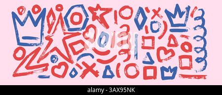 Graffiti Girly Art Elemente mit Pinselstrich Textur. Handgezeichnete blaue und rote Tusche Krone, Stern, Herz und geometrische urbane Straßenformen auf Flieder Stock Vektor