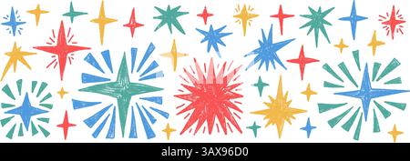 Mehrfarbige Funken setzen Sterne. Space Shine Shine Shapes and Blings Bleistift Doodle Pack. Kometen und blinkende Sammlung. Vektor Hand gezeichnete Kritzelillustration Stock Vektor