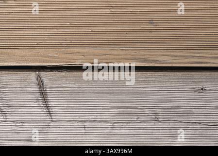 Holzboden mit Lärchenholz verschiedener Altersstufen - Nahkontraste Stockfoto