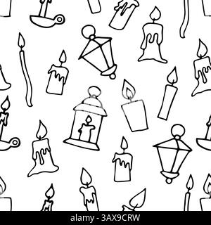 Doodle brennende schwebende Kerzen nahtloses Muster. Handgezeichneter Kerzenhalter, Lampe auf weißem Hintergrund. Weihnachten, Weihnachten, Kirche, Halloween-Tropfen Stock Vektor