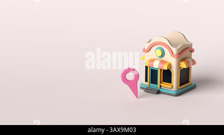 3D-Rendering eines kleinen Geschäftsgebäudes mit einem Standort, der seine Position auf einer Karte darstellt. Adresskonzept für Business-Shop oder Ladengeschäft. 3D-Rendering. Stockfoto