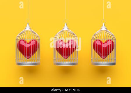 Drei rote Herzen sind in Vogelkäfigen gefangen, die auf gelbem Hintergrund hängen und symbolisieren emotionale Gefangenschaft und unerwiderte Liebe. 3D-Rendering. Stockfoto