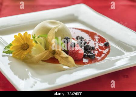 Zart zubereiteter Passionsfrucht-Parfait mit Erdbeersoße - fruchtiges Dessert Stockfoto