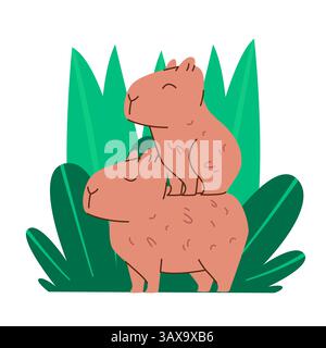 Capybara cute vector flat illustration sticker cartoon character stacked in the wild green bush forest Stock Vektor