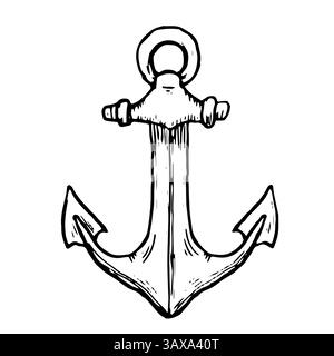 Ein Schiffsanker, eine Skizze in schwarz-weißer Tinte. Vektorabbildung. Vintage Marine Anker lineares Muster, isoliert auf weißem Hintergrund. Design Stock Vektor