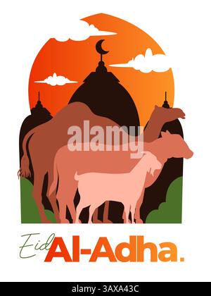 EID Al Adha Feier des kurbaner Qurban Feiertags Illustration von Ziegenkuh und Kamel vor der Moschee Islam Feier Stock Vektor