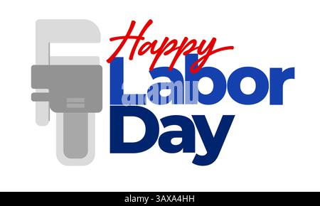 Happy Labor Day Schraubenschlüssel Symbol Aufkleber Emblem grafische Elemente Symbol mit Text flache Abbildung Stock Vektor