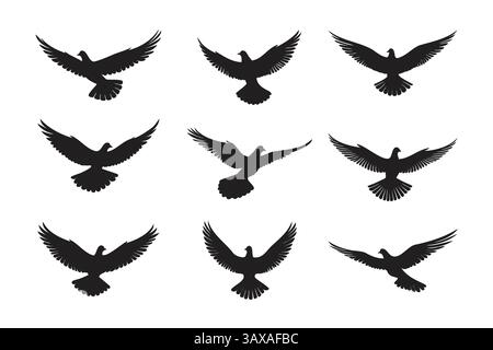 Neun schwarze Silhouetten von Tauben in verschiedenen Flugpositionen vor weißem Hintergrund. Stock Vektor