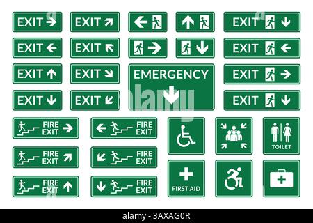 Eine Vielzahl von grünen Evakuierungs- und Sicherheitsschildern, einschließlich Ausgängen, Brandflüchten, Toiletten, erste-Hilfe-Schildern, und Informationen zur Barrierefreiheit. Stock Vektor