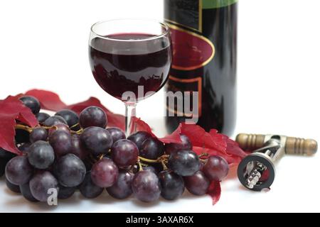 Rotwein in einem Glas mit Trauben, Weinblättern, Weinflasche und Korkenzieher auf weißem Hintergrund Stockfoto