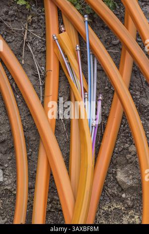 Schnelles Internet und Kommunikation über Glasfaserkabel – Nahaufnahme Breitband-Internet, 5G-Netzwerk Stockfoto