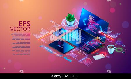 Software-Entwicklungskonzept. Programmierung, Debugging-Programm oder Code für Laptop, Telefon, Tablet. Erstellung der adaptiven Software-Anwendung. Software-Entwicklung Stock Vektor