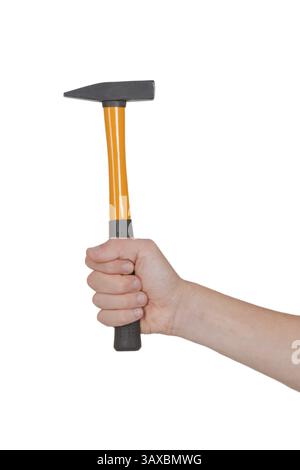 Hammer mit männlicher Hand – auf weiß geschnitten Stockfoto