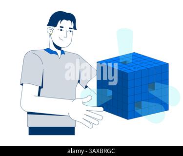 Asiatischer Mann mit schwimmendem digitalen Datenwürfel 2D-Cartoon-Charakter Stock Vektor