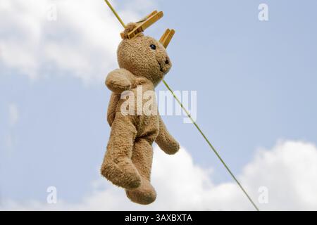 Nasser Teddy auf einer Wäscheleine im Freien Stockfoto