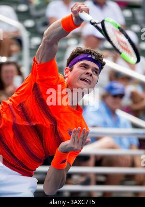 21. Februar 2017: Milos Raonic aus Kanada spielt im Delray Beach Stadium & Tennis Center in Delray Beach, Florida, USA gegen Tim Smyczek, USA, während eines ersten Rundenspiels des professionellen Tennisturniers Delray Beach Open 2017. Milos Raonic besiegte Tim Smyczek mit 6:1 6:4. Mario Houben/CSM(Kreditbild: &Copy; Mario Houben/CSM via ZUMA Wire) Stockfoto