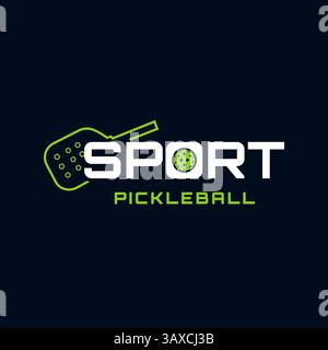 Pickle Ball Schläger einfache Linie Design mit Ball Vektor Design Illustration von Sport, Club, Community Logo auf dunklem Hintergrund Stock Vektor