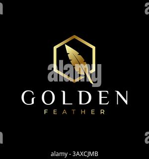 Moderne Design-Vektor-Illustration der goldenen Feder mit Hexagon-Symbol für Bildung Logo Stock Vektor