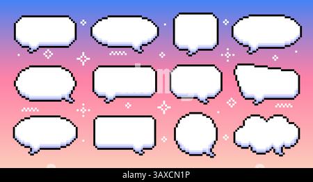 Retro-pixelige Sprachblasen verschiedener Formen. Pixelförmige Dialogfelder. Vektorabbildung Stock Vektor