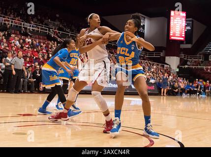 Februar 2017: Stanford, Kalifornien, USA S - 17. Februar: Erica McCall (24) und Monique Billings (25) des Stanford Cardinal und der UCLA Bruins kämpfen um die Position in der Farbe während des Spiels zwischen dem Stanford Cardinal und den UCLA Bruins im Maples Pavilion in Stanford, Kalifornien. (Kreditbild: © Rob Sirota via ZUMA Wire) Stockfoto