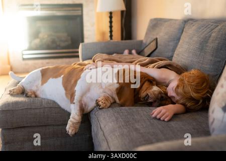 Junge und großes Basset-Hund-Haustier lagen zusammen unter Decke auf der Couch Stockfoto