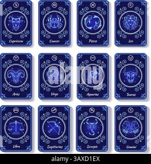 Sternzeichen Karten. Astrologie Horoskop Zeichen Tarot Karte, Stern himmelskarte Aren taurus leo gemini Virgo skorpio libra aquarius pisces 12 Symbol saubere Vektor Illustration Original Kunstwerk Stock Vektor