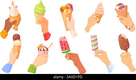 Hände halten Eis. Frau Mann Hände halten Eiskugeln in Waffelkegel oder Eis auf Stock, gefrorene Creme süße Sommer Snack Lebensmittel Eis Desserts, saubere Vektor Illustration Original Kunstwerk Stock Vektor