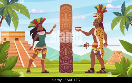 Maya-Stammesritual. Maya-aztekenstamm Tanz im teotihuacan Pyramidengebäude, antike Geschichte mexiko Kultur mexikanischer oder indianischer indianer, schicke Vektorillustration Original-Kunstwerke Stock Vektor