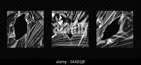 Filmrisse. Schrumpffekt faltige Polyethylen Verpackung Modell Overlay Effekt, transparente Album Verpackung Vinylabdeckung Kette Stretch Kunststoff Textur, realistische exakte Vektor Illustration Original Artwork Stock Vektor