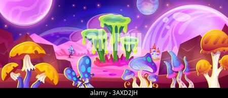 Fremde Pilze Landschaft. Magic Space Planet Fantasy Wald Spiel Level Hintergrund, ungewöhnliche Pilz Aliens Monster Welt Galaxie Pilz Pflanzen, Comic Swanky Vektor Illustration Original Artwork Stock Vektor
