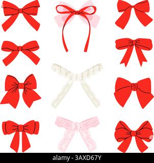 Verschiedene rote Schleifen, Vektorsammlung, Spitze Dekor Illustration auf weißem Hintergrund Original Kunstwerk Stock Vektor