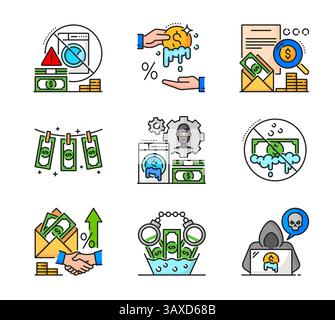 Farben Sie AML- oder Geldwäschebekämpfungssymbole für Kriminalität, Wirtschaft und Finanzen, Vektorsymbole aus. AML-Symbole für Finanzbetrug und Korruption, Bestechung und Cyber Stock Vektor