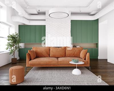 Orangefarbenes Sofa gegen grüne und weiße Wand im hellen Wohnzimmer. 3D-Rendering. Stockfoto