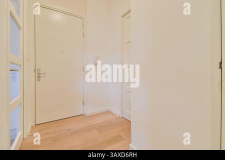 Eine einladende Eingangshalle im eleganten Design mit natürlichem Licht, Holzfußboden und weißen Wänden schaffen eine luftige Atmosphäre. Stockfoto