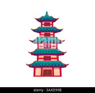 Asiatisches Turmgebäude mit Zeichentrickzeichnung. Traditionelle Pagode mit mehreren Ebenen, geschwungenen Dächern und roten Akzenten. Isolierter Vektor chinesischer oder japanischer Tempel, Archit Stock Vektor