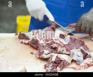Fleisch- und Schweinekadaver-Schneidebetrieb. Fleischabteilung. Fleischverarbeitungsfabrik. Stockfoto