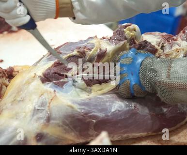 Fleisch- und Schweinekadaver-Schneidebetrieb. Fleischabteilung. Fleischverarbeitungsfabrik. Stockfoto