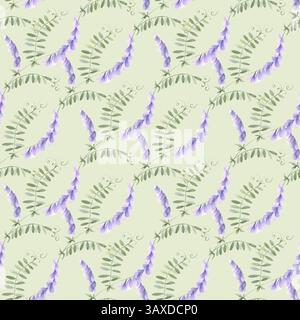 Wildblumen Fliedermauserbse. Nahtloses florales Aquarellmuster auf hellgrünem Hintergrund. Handgezeichnete Skizze Wiese violette Blumen für Stoffdruck, t Stockfoto