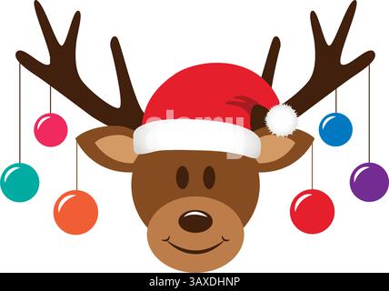Nettes Hirsch mit weihnachtsbaumkugeln und weihnachtsmann Hut Vektor Illustration Stock Vektor