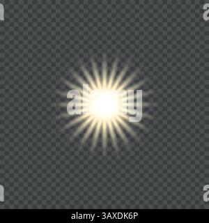 Weißes leuchtendes Licht explodiert auf einem transparenten Hintergrund. Mit Strahl. Transparente Sonne, heller Blitz. Spezieller Objektivlichteffekt. Stock Vektor